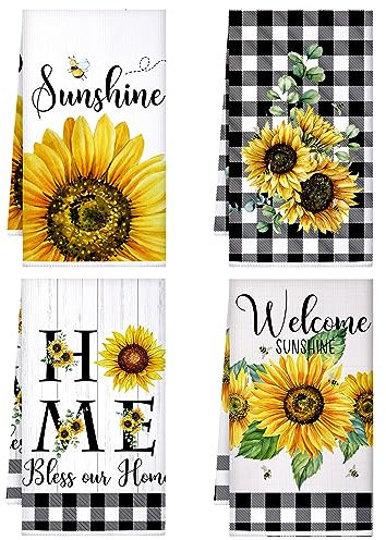Bencailor 4 Stück Sonnenblumen Küchentücher Sommer Meer Strand Blumen Blumenmuster Kuh Motiv Küchen Geschirrtücher Schnelltrocknend Küchen Dekor zum Kochen