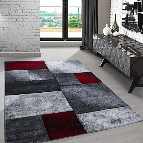 Carpetsale24 Teppich 280x370 cm – XXL Kurzflor Konturenschnitt in Rot Grau Weiß – Kariertes Design, Extra Weich, Pflegeleicht, Waschbar – Für Großes Wohnzimmer oder Esszimmer
