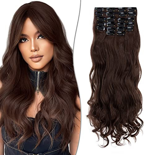 SEGO 55cm Clip in Extensions 12 Teiliges SET 22 Clips wie Echthaar Haarverlängerungen Haarteile Gewellt günstig für Voller Kopf 180g Mittelbraun