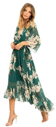 Yumi Floral Print Green Kimono Midi Wrap Dress 18 Green