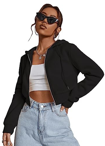 GORGLITTER Damen Sweatjacke Bauchfrei Kapuzenpullover Langarm Kurz Hoodie Sweatshirt Crop Kapuzenjacke Cropped Jacke mit Zip Schwarz S
