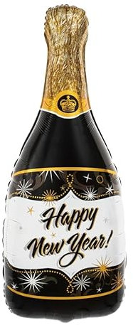 Folienballon * Champagner Flasche Happy New Year * schwarz als Deko für Silvester und Party | 49x100cm groß | Partydeko Luftballons Ballons Neujahr Flasche