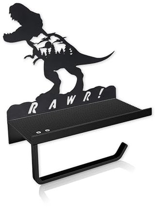 Funny Dinosaur Toilet Paper Holder with Shelf | T-Rex Bathroom Decor for Adults | Animal-Themed Metal Paper Towel Organizer | Rustic Farmhouse & Dino Gifts