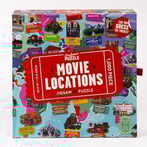 Professor Puzzle Movie Locations Jigsaw Puzzle | 1000 Piece Film Trivia Puzzle Game | Guess 50 Iconic Movies from Illustrated Clues & Ticket Stub Hints | Includes Poster, Answers & Pop-Up Sorting Box