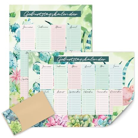 younikat Geburtstagskalender DIN A2 Kaktus Rosa jahresunabhängig - dv1300 | mit Umschlag, für Geburtstage und Jahrestage, Beidseitig bedruckt, jahresunabhängig nutzbar