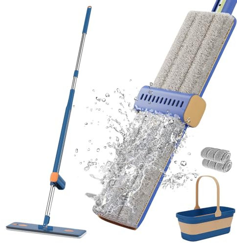 Cunsieun 2024 Large Flat Mop with 2 Washable Microfiber Pads, 360° Rotatable Adjustable Cleaning System for Walls and Floors, Blue