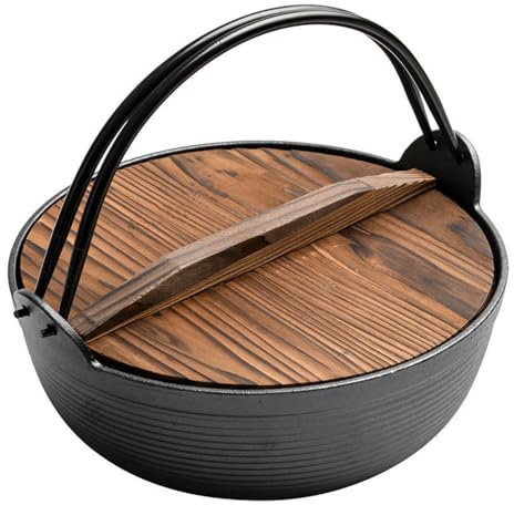 Japonais Shabu Hot Pot Fonte D'acier Sukiyaki Tetsu Nabe Pot Avec Couvercle En Bois Et Double Poignée Pour La Maison Camping Pique-nique,20cm
