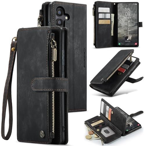 UEEBAI Handyhülle für Samsung Galaxy A35 5G, Retro Reißverschluss Hülle Premium PU Leder Weiche Klapphülle Magnetverschluss Kartenfach Standfunktion Geldbörse mit Trageband Schutzhülle - Schwarz