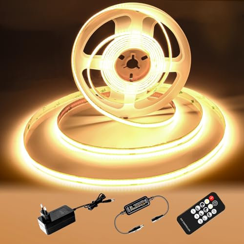 Ruban LED COB 5M, bande LED blanc chaud 3000K, bande LED 24V Dimmable, CRI92, largeur 8mm, avec télécommande et alimentation, pour la décoration de la maison, la cuisine, le miroir