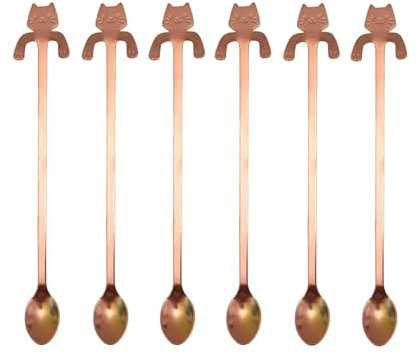 6 pezzi mini carino cucchiaino da caffè 12 cm 20 cm in acciaio inossidabile 304 cartone animato gatto cucchiaio cucchiaino da dessert snack scoop cucchiai da latte stoviglie (Color : Rose gold 20cm 6
