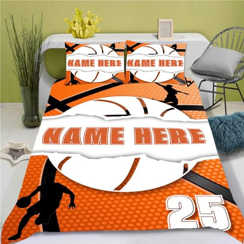 WEQEER Personalisierte Basketball Bettwäsche mit Name,Jungs Kinder Sportthema Bettwäsche Set 135x200 cm, 3D Drucken Basketball Bettbezug mit Reißverschluss Mikrofaser (Single 140x210CM)