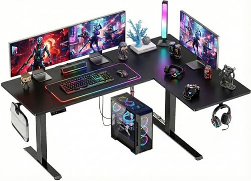 HUANUO L-förmiger Stehpult, 180,3 x 121,9 cm, Doppelmotor-Eckschreibtisch, elektrisch, höhenverstellbar, Computertisch mit Kabelwanne & 3 voreingestellten Höhen, erhöhender Schreibtisch für Heimbüro,