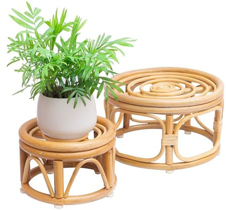 KUTORKILL Set mit 2 runden Boho-Rattan-Pflanzenständern aus gewebtem Rattan, für den Innenbereich, minimalistischer moderner Pflanzenständer, Korbgeflecht, kurzer Pflanzenständer, geeignet für 20,3 cm