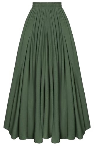 Damen Retro Leicht Lang Rock Elastische Hoher Taille Festlich Mittelalter Maxirock Olivgrün XXL