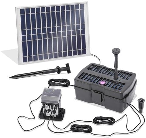 esotec Solar Pumpensystem 12/800 UV Lampe, Komplettset, mehrstufige Filterung, Teichfilter Filterbox, Teichpumpe Akku, Solarbrunnen Springbrunnen Bachlaufpumpe, 101204