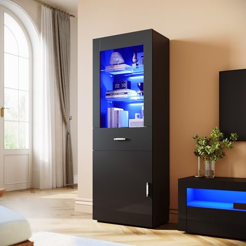 ELEGANT Black Gloss Sideboards Cupboard Tall Display Cabinet Unit with LED Lights, Drawer & Shelves Bookcase Furniture for Living Room Bedroom, H165xW60xD35cm