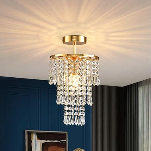 Mini Lustre En Cristal Plafonnier Petit, Plafonnier en Cristal Modern E27, Plafonnier en cristal avec Abat-jour en Verre pour le salon, le couloir, la salle de bain, la chambre à coucher, Doré