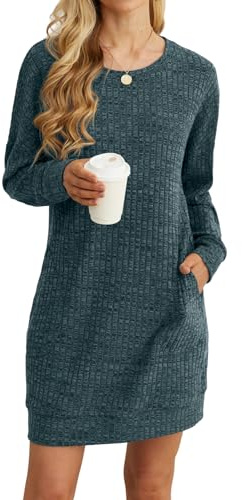 PrinStory Damen Pullover Kleid Freizeitkleider Rundhalsausschnitt Sweatkleid Mit Seitentaschen