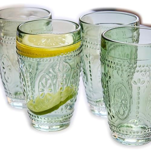 Darthome Green Tumbler Glasses 300ml Set of 4 Glass Embossed Flower Water Drinking Boxed