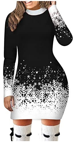 Weihnachtsfrauen langärmliges bedrucktes Rundhals-Weihnachtsschneeflocke-Frauenkleid Maxikleid Langarm Schwarz Kleid Schulterfrei Damen Kurz