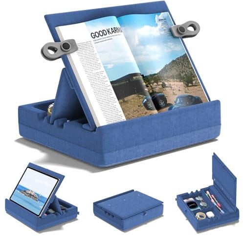 KDD Book Stand Holder for Reading, Multi-Angle Viewing Reading Pillow Stands with Organizer Tray for Lap, Bed, Desk and Couch, Foldable Tablet Pillow Holder for I-pad, Phone, E-Reader (4.7-15) Blue