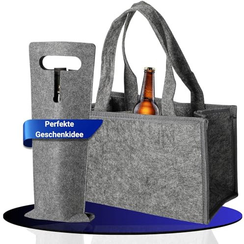 Filz Flaschenträger 6 Flaschen - Platz für Bierflaschen, Dosen, Weinflaschen uvm. - Männerhandtasche für unterwegs - Flaschen Organizer zum Einkaufen - Geschenkidee zu Weihnachten, Farbe:grau