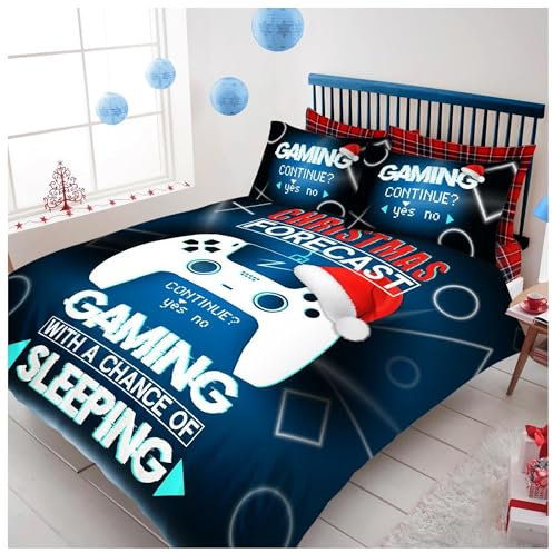 Lions Christmas Bedding Double Bed - Ultra Soft Xmas Duvet Sets with Matching Pillowcase, Reversible Gaming Quilt Covers with Button Closure for Girls Boys, 137x200cm