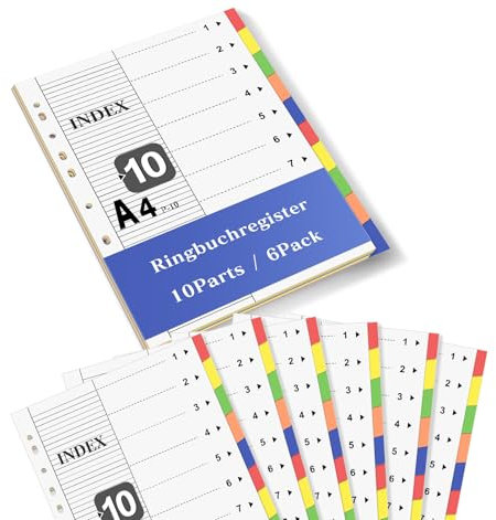 10 Teiliges Register für Ordner A4,6er Ordner Trennblätter DIN A4,Recycelbar Karton 11 Löcher Praktischem Deckblatt aus stabilem Papier zum Beschriften,Ordner Register 5 Farbe für Ordner,Akten,Hefter