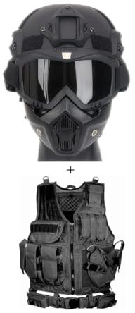 MICH Airsoft Helmet andMaskwith Detachable Anti-Fog Goggles Protective Full Face Tactical Mask,AdjustableTactical Vest Outdoor Ultra-Light Breathable Training Airsoft Vest Kit
