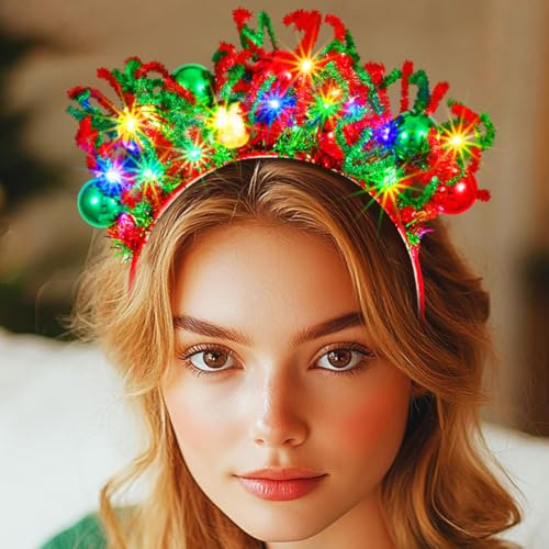 Handcess Bandeau de Noël lumineux à LED étincelantes avec boule de Noël - Accessoires de cheveux de Noël pour femme