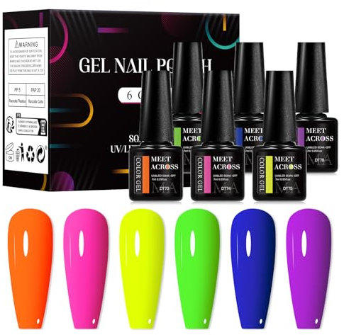 MEET ACROSS Neon Gel Nagellack Set 6 Farben UV Nagellack Rosa Blau Rot Gelb Gellack Farben Glow in the Dark Nagel Gel Nagelsalon Maniküre Set