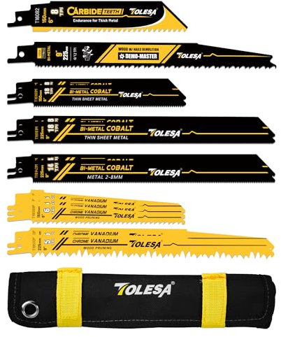 TOLESA Set di 13 lame per sega alternativa, in metallo duro e bimetallico, per potatura del legno, legno con chiodi, metallo spesso e plastica, con borsa organizer