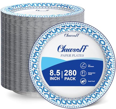 Clawsoff 8.5 Inch Paper Plates Bulk 280 Count, Cut Proof Heavy Duty Paper Plates, Soak Proof Dessert Plate, Disposable Dinner Plate for Party, Birthday and Picnic