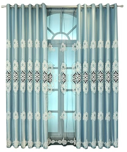 Wycian Gardine Querbehang Oben Gardinen 2er Set Himmelblau Verdunkelung Blumen Bestickt H138 x B132 cm (2er Pack) Polyester