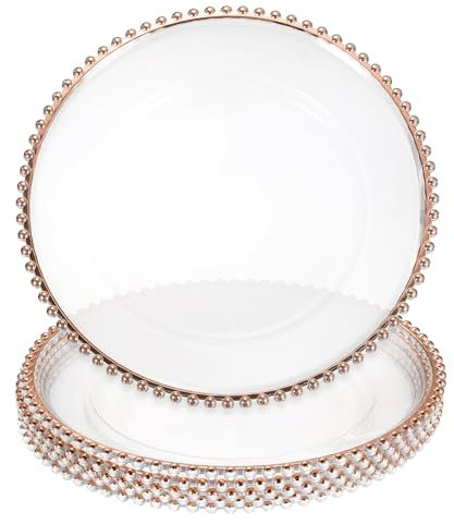 sourcing map 6pcs Clear Charger Plates Bulk, 13 Plastic Round Charger Plates with Bead Trim Dinner Dessert Plate for Wedding Party Event Table Setting Decoration, Rose Gold