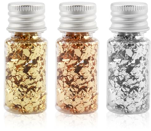 Set mit drei Flaschen mit Metallblättern, für Vergoldung | Farben Gold, Silber und Roségold, ideal für Handwerk, Dekoration und Schmuck aus Harz