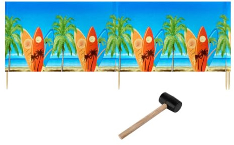 Ladeheid Windschutz Strand Strandzubehör Sichtschutz Holzstäbe LAEX001 | Mit Gummihammer, Strand Sichtschutz für Camping, Windfang im Sand, maritimes Muster, praktisches Strandzubehör mit Holzstäben