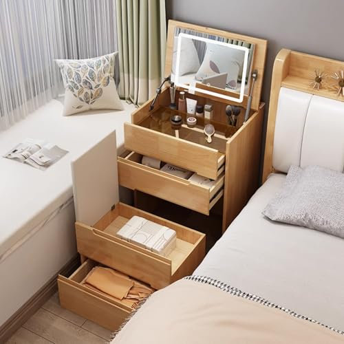 WWERTYY Moderner Schminktisch mit Schubladen und Hocker, Frisiertisch-Set mit LED-beleuchtetem Spiegel, 3 LED-Beleuchtungsmodi, Schminktisch aus Massivholz für das Schlafzimmer, kompakter