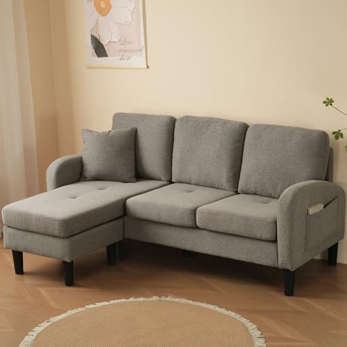 Gelukueub L-förmiges Ecksofa mit Chaiselongue – 3-Sitzer Sofa, 166 x 118 x 77 cm, Atmungsaktiver Baumwoll-Leinenstoff, Modulares Design, Ideal für Wohnzimmer, Apartments und Büros (Antique Dark Grey)