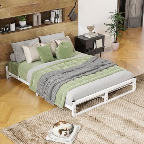 VECOCHO King Size Bed Frame,Metal Platform Low Bed Frame King Size Bed Base with Steel Slats,5ft Floor BedKing Beds,Mattress Foundation,No Box Spring Needed,Noise Free,Easy Assembly,White
