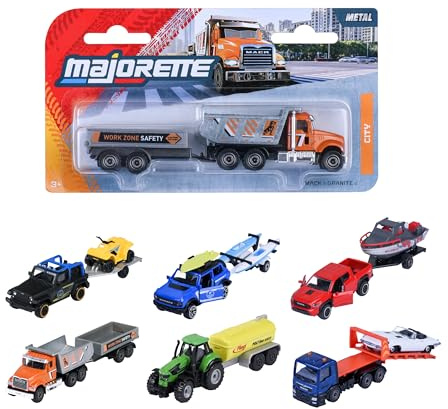 Majorette Auto City Trailer (1 Model Car) - Metal Toy Car with Trailer, Freewheel & Moving Parts, Random Selection of 6 Cars for Children from 3 Years, Each 7.5-13 cm