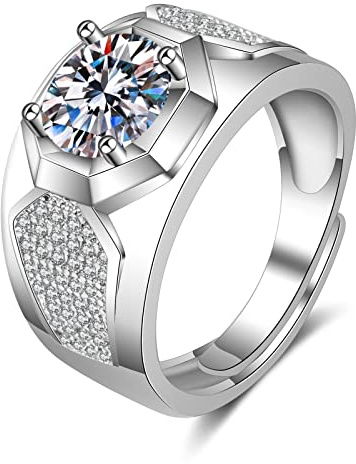 Lirzxin Herren Goldring 585 Echtgold 14 Karat, Ehering Herren Verstellbar Breit Siegelring 4 Zinken Rund Erstellter Diamant mit Moissanit Hochzeit Ring Weißgold Große 58 (18.5)
