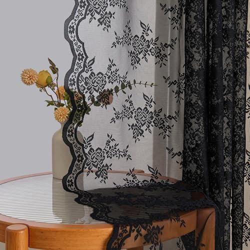 MYSKY HOME Vorhang Spitze Vorhänge mit Kräuselband Vintage Transparent | Schwarz,2er Set,H145 x B140 cm,Landhaus Gardine Kurz,Blumen Bestickte Spitzengardinen,Modern Dekoschal für Wohnzimmer
