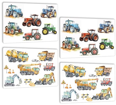 4er Set Traktor Trecker Tischset Platzsets abwaschbar Kinder - Bagger Baustelle Fahrzeugen Kran Platzdeckchen - rutschfest - Wetterfest waschbar Plastik Tischsets aus Kunstleder - DIN A3