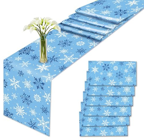Schneeflocken Tischläufer 6 Stück Blau Schneeflocken Deko, Tischband Tischdecke für Weihnachten Urlaub Frozen Geburtstagsdeko Geburtstagsparty Frozen Geschenke Party Dekor Party Zubehör,275x35cm