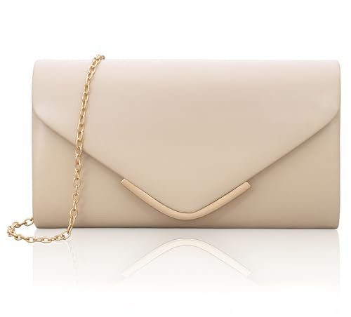 Larcenciel Damen Clutch, Nude Leder Handtaschen mit Kette, Elegant Envelope Abendtasche Mode Crossbody Umschlag Tasche