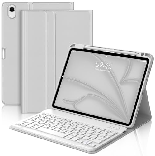 Funda con Teclado para iPad Air 11 Pulgadas (M3 2025, M2 2024), Teclado Bluetooth Inalámbrico con Funda Protectora Delgada y Ranura para Bolígrafo para iPad Air 10.9 (5ª Gen/4ª Gen), Gris Claro