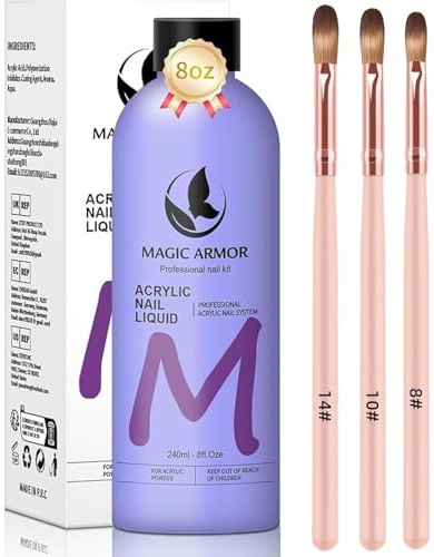 MAGIC ARMOR Liquide acrylique pour ongles - 240 ml - Avec 3 pinceaux acryliques - Durcissement professionnel pour extension et sculpture des ongles en acrylique - Pour un usage domestique dans un
