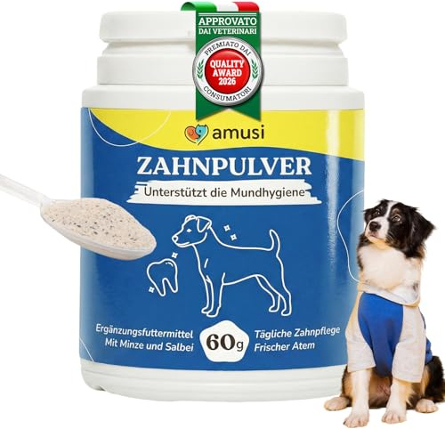 amusi Dentifricio per Cani in Polvere 60 g con Ascophyllum Nodosum e Menta - Mangime Complementare per la Pulizia Denti Cane e l’Alito Fresco - Polvere Denti Cane Naturale per l’Igiene Orale