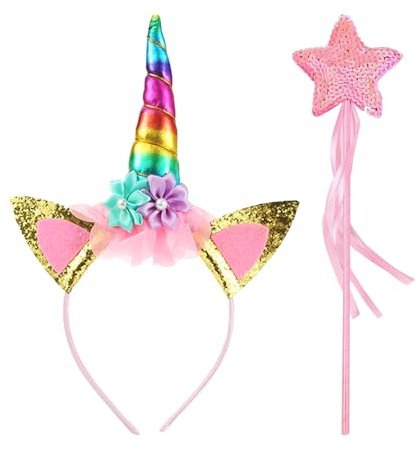 MaNeaz goldenes Einhorn-Haarreif-Set mit Glitzer-Zauberstab, Kostüm-Accessoire für Damen/Mädchen, Halloween Karneval Fasching, Einhorn Haarreif Geschenk